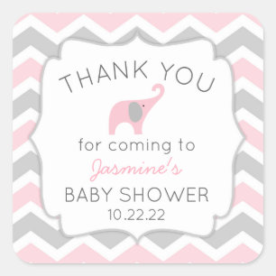 Sticker Carré Baby shower d'éléphant rose merci pour l'autocolla