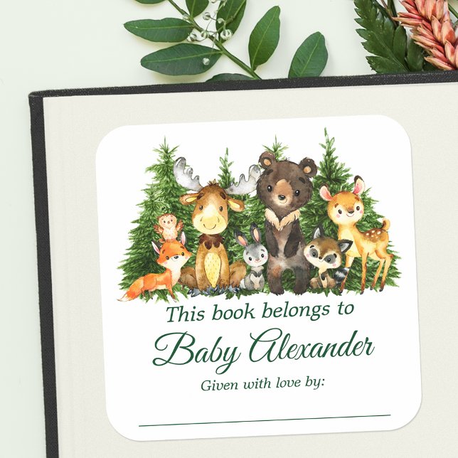 Sticker Carré Baby shower des animaux forestiers de bois Étiquet (Customize to change text size, color or text style.)