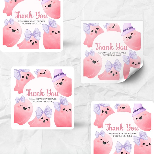Sticker Carré Baby shower d'Halloween de Little Boo rose (Girl Little Boo Halloween Baby Shower Sticker)