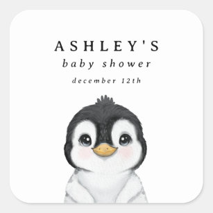 Sticker Carré Baby shower d'hiver de Pingouin mignon
