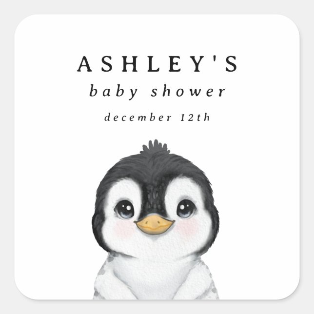 Sticker Carré Baby shower d'hiver de Pingouin mignon (Devant)