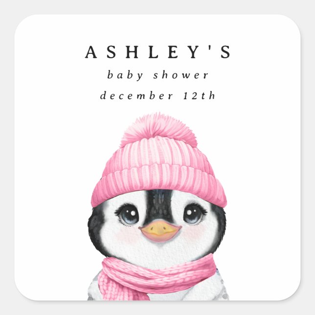 Sticker Carré Baby shower d'hiver Pingouin Rose (Devant)
