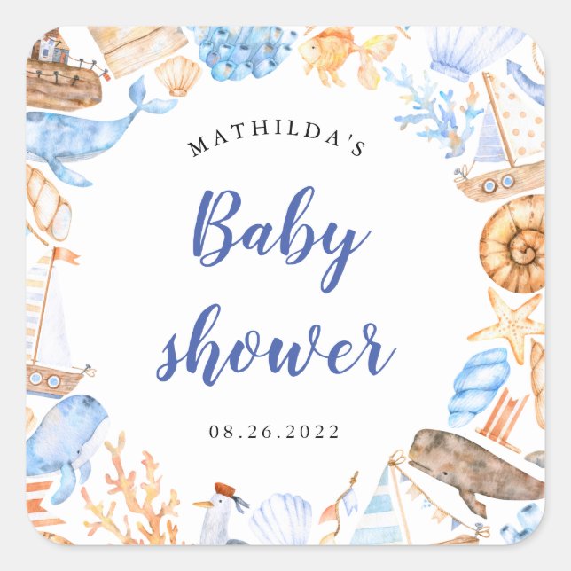 Sticker Carré baby shower d'illustrations de plage nautique (Devant)