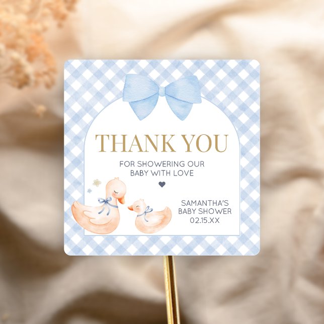 Sticker Carré Baby Shower Dindon Fou Gingham Bleu (Little Silly Goose Baby Shower Sticker)
