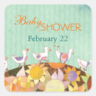 Sticker Carré Baby shower d'oiseaux de fleurs