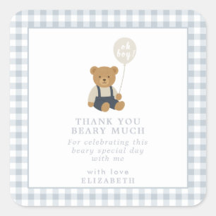 Sticker Carré Baby shower d'ours en peluche bleu clair En vichy