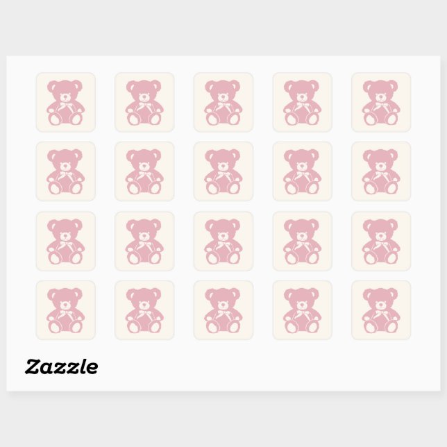 Sticker Carré baby shower d'ours en peluche rose (Feuille)