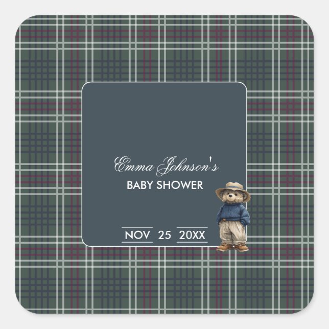Sticker Carré Baby shower d'ours rustique Tartan (Devant)
