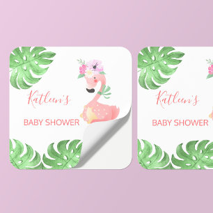 Sticker Carré Baby shower drôle de flamant rose mignon rose
