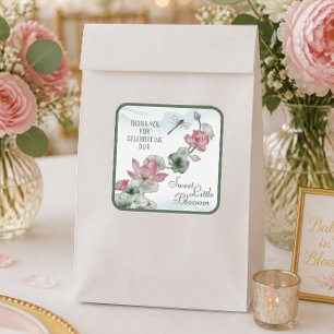 Sticker Carré Baby Shower Élégant Fleur de Lotus Aquarelle