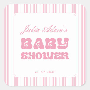 Sticker Carré Baby Shower élégant motif rayé rose pêche