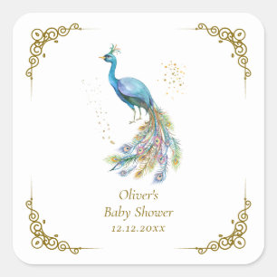 Sticker Carré Baby Shower élégant vintage bohème paon doré