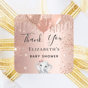 Sticker Carré Baby shower éléphant rose parties scintillant en o