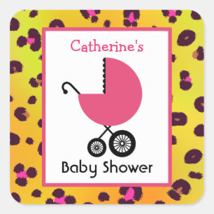 Sticker Carré Baby shower Empreinte de léopard et transport rose