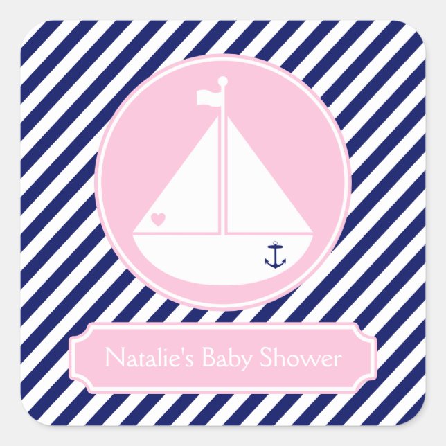 Sticker Carré Baby shower en voilier bleu et rose (Devant)