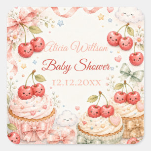 Sticker Carré Baby Shower Fantaisiste Cerise