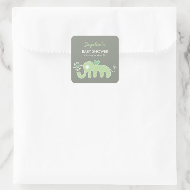 Sticker Carré Baby Shower Fantaisiste Éléphant Vert Cartoon Mign (Sac)