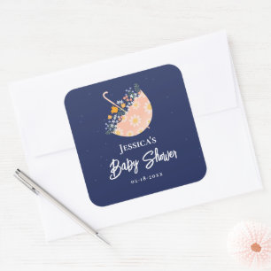 Sticker Carré Baby-Shower Fantaisiste Fleurs Sauvages & Paraplui