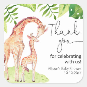 Sticker Carré Baby shower feuille vert tropical safari Giraffe
