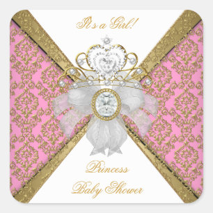 Sticker Carré Baby Shower Fille Blanc Rose Princesse Damassé
