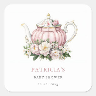 Sticker Carré Baby shower Fille de Tea Party rose vif
