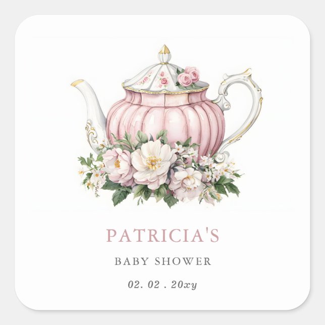 Sticker Carré Baby shower Fille de Tea Party rose vif (Devant)