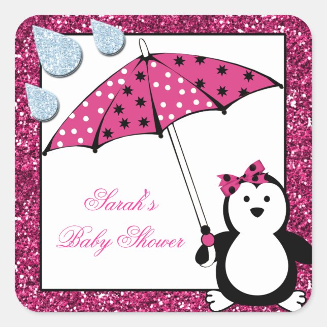 Sticker Carré Baby shower fille Doodle Penguin (Devant)