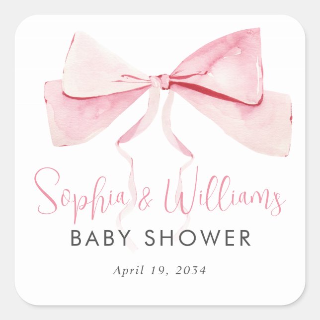 Sticker Carré Baby shower fille en ruban rose pâle Aquarelle Bow (Devant)