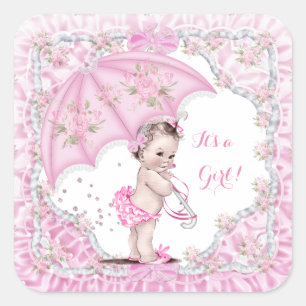 Sticker Carré Baby Shower Fille Fleurs Vintage Parapluie Rose