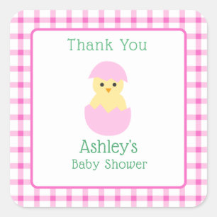 Sticker Carré Baby Shower Fille Petit Poussin Oeuf Rose