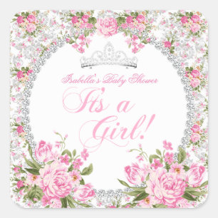 Sticker Carré Baby Shower Fille Princesse Rose Florale Vintage