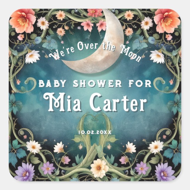 Sticker Carré Baby Shower Fille Rose Féminin Fleurs Dans La Lune (Devant)