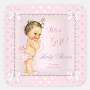 Sticker Carré Baby Shower Fille Rose Gris Perle Brune