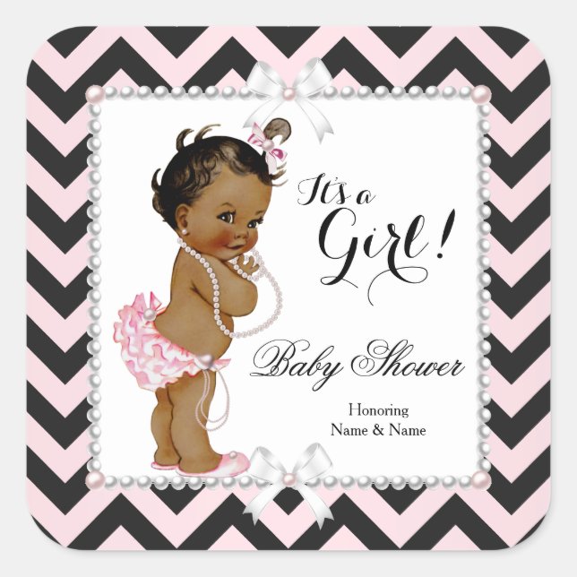Sticker Carré Baby shower Fille rose noire bande blanche ethniqu (Devant)