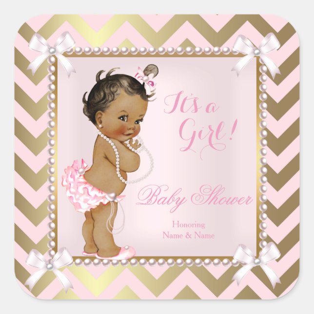 Sticker Carré Baby shower fille rose Pearl or Chevron Ethnique (Devant)