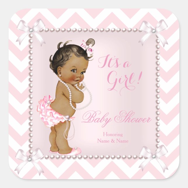 Sticker Carré Baby shower fille rose perle blanc Chevron Ethniqu (Devant)