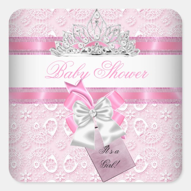 Sticker Carré Baby shower fille rose princesse Tiara (Devant)
