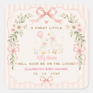 Sticker Carré Baby Shower Fille Silly Goose Fleurs Ruban Rose