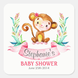 Sticker Carré Baby shower fille singe aquarelle