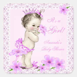 Sticker Carré Baby Shower Fille Vintage Fleurs Rose Élégant