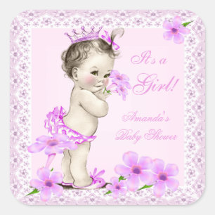 Sticker Carré Baby Shower Fille Vintage Fleurs Rose Élégant