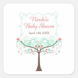 Sticker Carré Baby Shower Fleur et Oiseau Menthe et Corail
