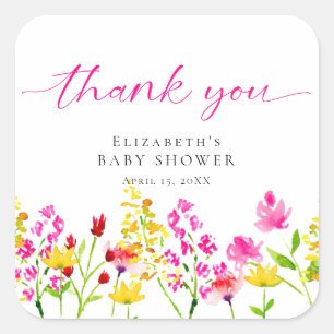 Sticker Carré Baby Shower Fleur Sauvage Aquarelle Rose Merci