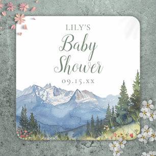 Sticker Carré Baby Shower Fleur Sauvage Montagne Aquarelle Moder