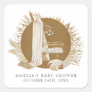 Sticker Carré Baby Shower Fleurs Bohèmes