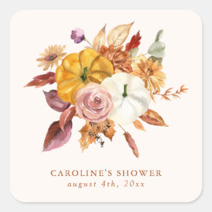 Sticker Carré Baby Shower Fleurs d'automne et citrouilles