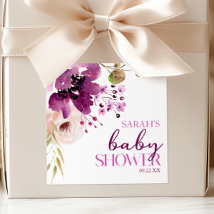 Sticker Carré Baby Shower Fleurs Violettes Magenta Violettes