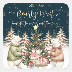 Sticker Carré Baby Shower Flocon de Neige Ours Polaire d'Hiver