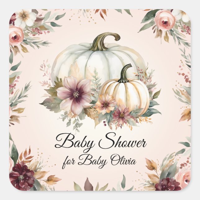 Sticker Carré Baby Shower Floral Automnal Thème Citrouille Rusti (Devant)