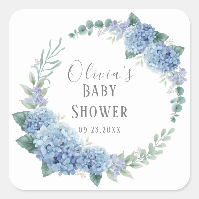 Sticker Carré Baby shower Floral bleu personnalisé (Devant)